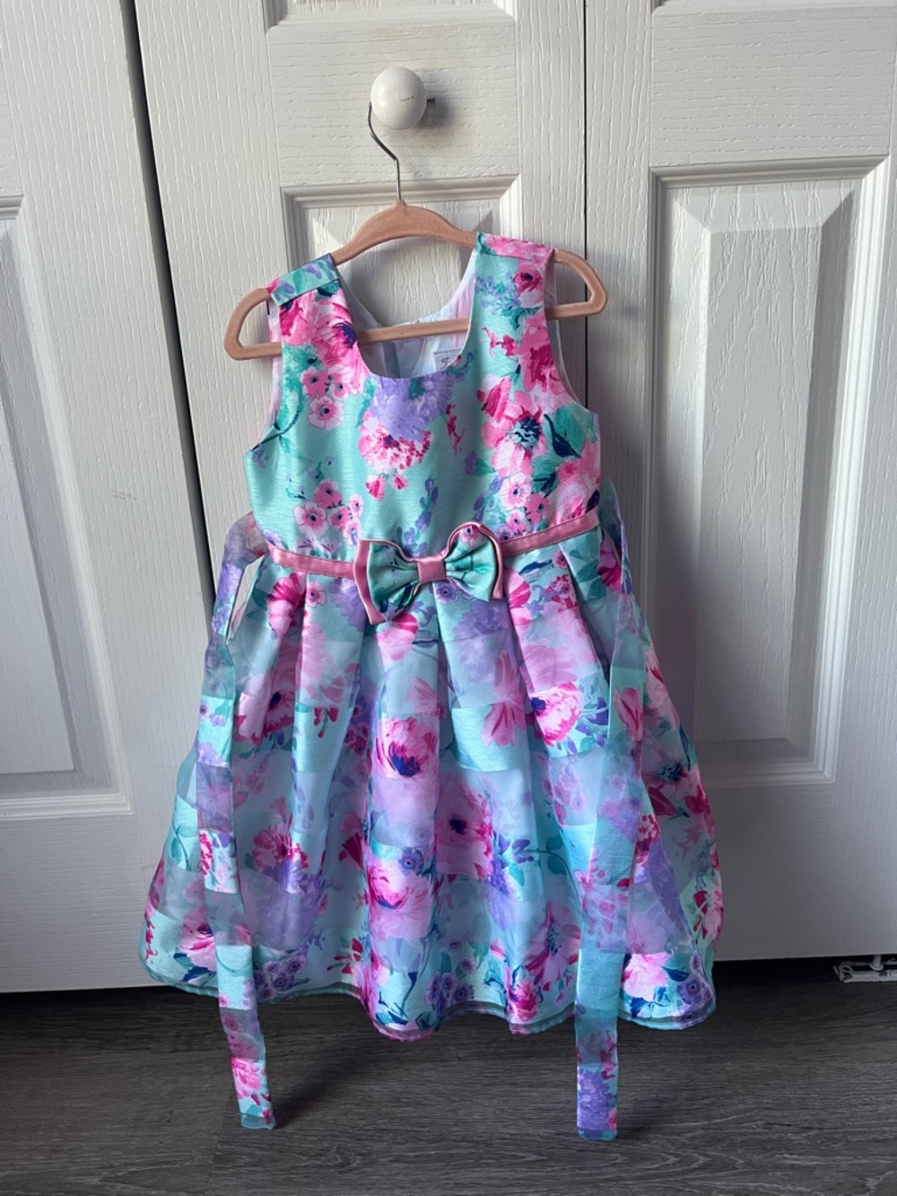 Jona Michelle Aqua and Pink Floral Bow-Accent Sleeveless Dress